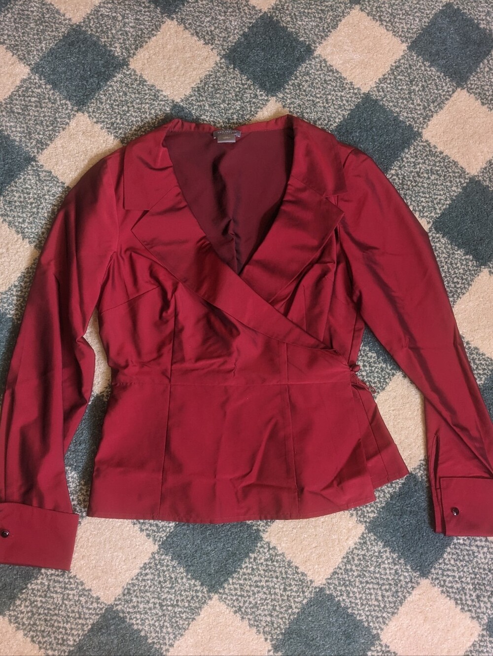 Ann Taylor Petite Faux Silk Wrap Top Wine Oxblood With Beautiful Sheens Size 0